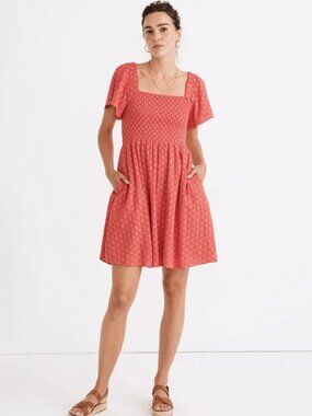 Madewell eyelet Lucie Smocked Mini Dress Small, red American picnic